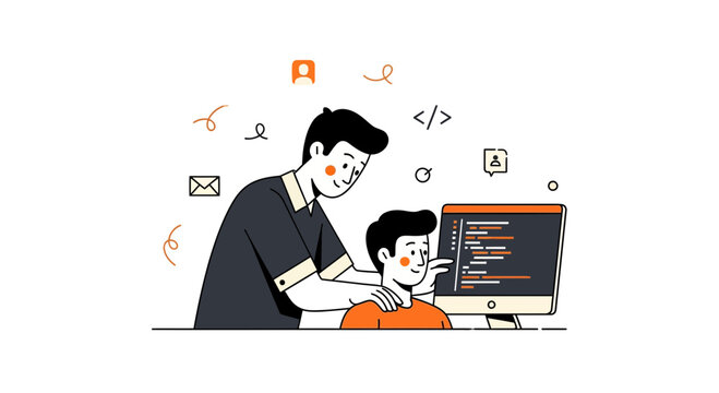 A pro helps kid learn to code at desk for web site dev work task now