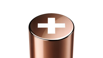 Fototapeta premium Rosegold metallic cylinder displaying prominent plus sign, symbolizing medical assistance