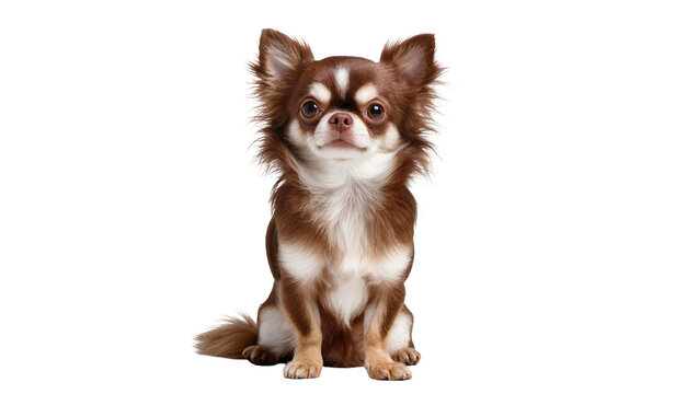 Small brown longhaired Chihuahua puppy sitting attentively, displaying alert expression