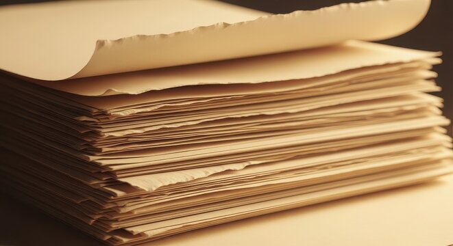 A stack of textured, offwhite paper sheets with rough, deckle edges, arranged in a pile with the top page slightly curled