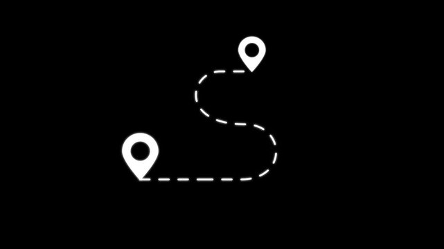 White location pins and dashed route on black background