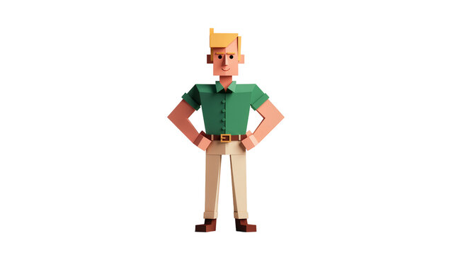 Blocky male figure confidently standing wearing green shirt brown pants, and blond hair