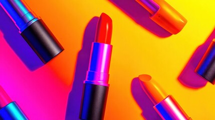 Obraz premium Vibrant lipsticks in various shades are artistically arranged against a colorful background