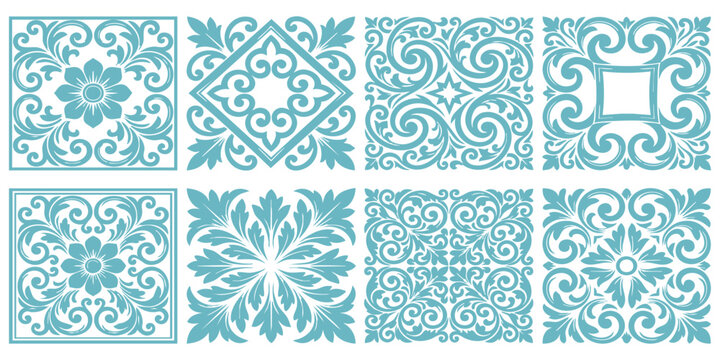 Set of elegant ornamental square tiles with vintage floral damask patterns in mint green and blue vector illustration