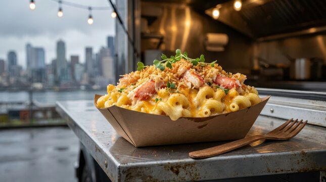 A serving of creamy lobster mac and cheese garnished with herbs, presented in a cardboard tray on a metal counter with a city skyline in the background.