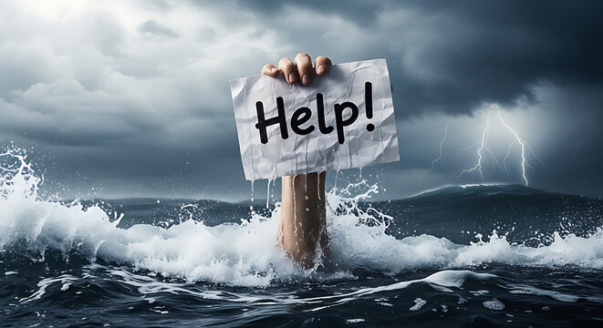 Drowning hand with help sign in stormy sea, symbolizing crisis and distress