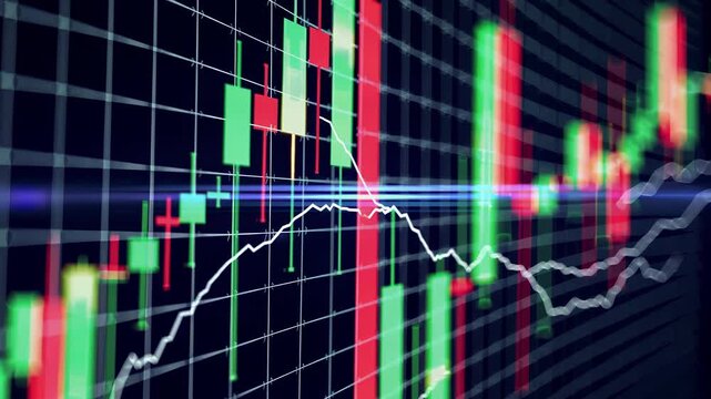 Dynamic stock market analysis with financial charts. Colorful candlestick patterns reveal market trends and trading opportunities. Investors track data for informed decisions.