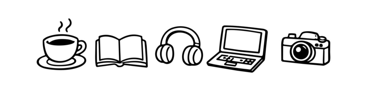 Black and white hand-drawn doodle icons of a coffee cup, open book, headphones, laptop, and camera. Minimalist sketch vector set representing lifestyle, work, and creative hobbies.