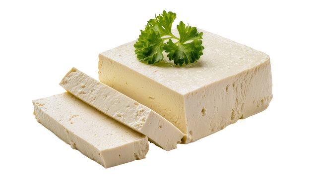 Creamy tofu blocks stacked, topped with vibrant green parsley sprig