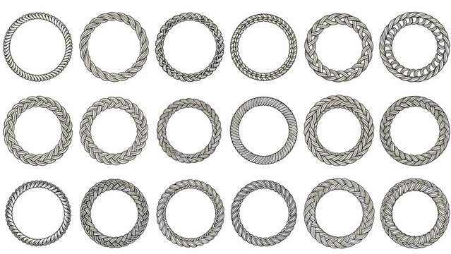 Extensive collection of circular braided rope frames and woven cord borders in various styles for decorative design projects.