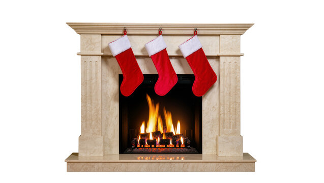 Marble fireplace displaying burning logs, adorned with three red Christmas stockings