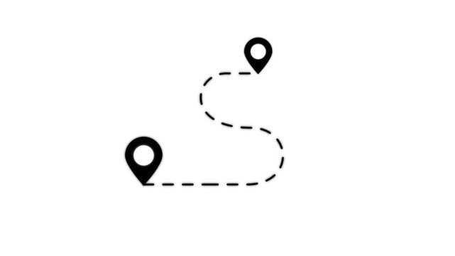 Two black location pins connected by a dashed line on white