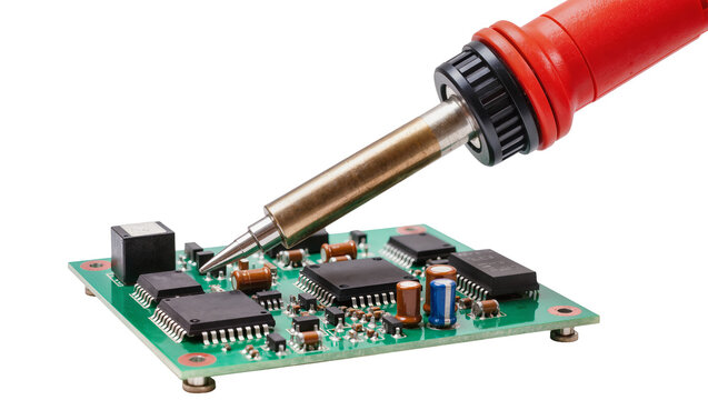 Red soldering iron tip melting solder on green printed circuit board, electronics repair