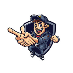 Fototapeta premium Cheerful mascot in cap pointing forward with shield backdrop