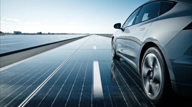 Electric car driving on solar panel road under clear sky