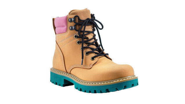 Tan hiking boot with brown laces teal sole, and pink collar detail