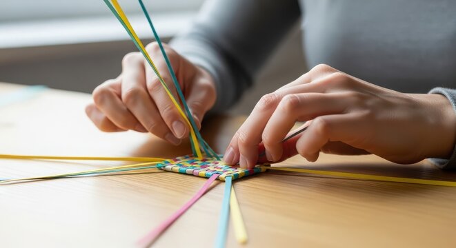 Closeup of hands weaving colorful paper strips into a small square pattern on a wooden table