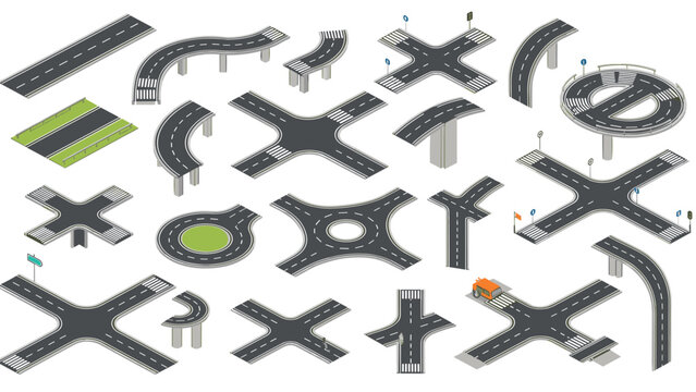 Comprehensive collection of isometric road segments featuring bridges, intersections, roundabouts, and highway turns for city planning.