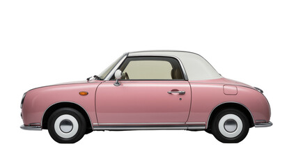Pink vintage Datsun roadster, showcasing chrome bumpers and round headlights