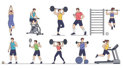 Fototapeta premium Collection of people engaged in diverse fitness activities including weightlifting, running, cycling, yoga, and team sports for health.