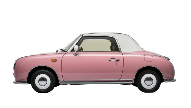 Pink vintage Datsun roadster, showcasing chrome bumpers and round headlights