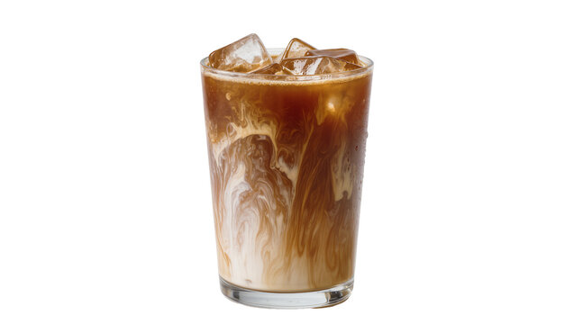 Swirled iced coffee drink, creamy milk blending with dark roasted coffee
