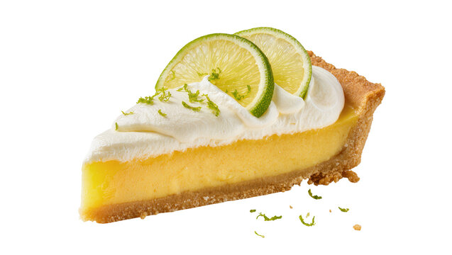 Key Lime Pie slice creamy filling topped with whipped cream, fresh lime slices