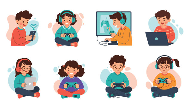 Group of children using different modern digital technology devices including tablets, smartphones, laptops, and video game consoles.