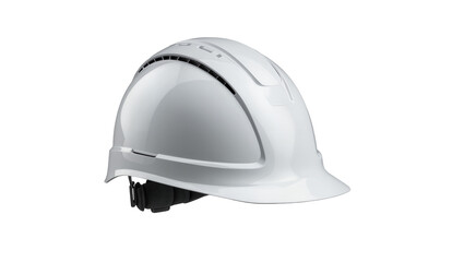 Fototapeta premium Modern gray hardhat displaying ventilation slots, featuring black chin strap