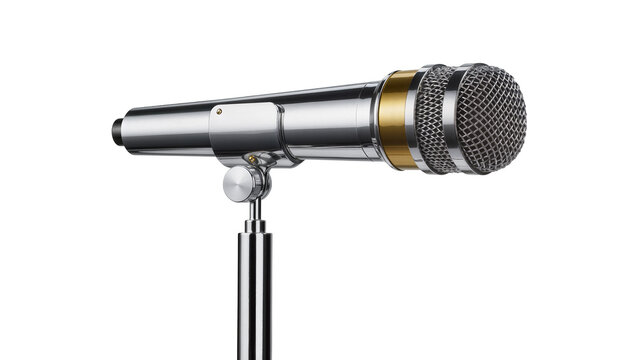Sleek silver microphone with gold accents mounted on adjustable metal stand