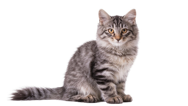 Fluffy gray tabby kitten sitting attentively, gazing forward with amber eyes