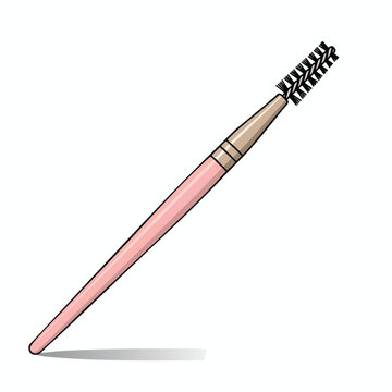 A pink cosmetic tool with a spooled brush on a white background