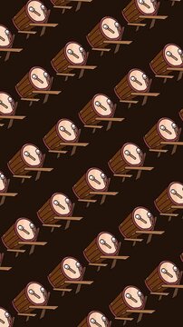 Seamless bedug drum pattern on dark brown background animation. Traditional Indonesian percussion repeats wallpaper for Islamic holiday celebrations. Abstract vertical banner with bedug drum design.