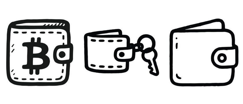 Hand drawn bitcoin wallet keys and leather wallet