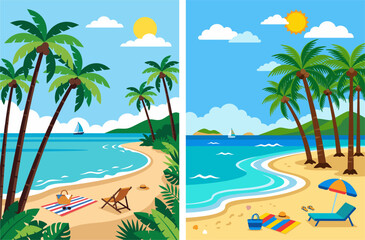 Obraz premium Tropical beach landscape with palm trees, ocean waves, picnic mat, and summer vacation