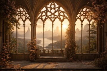 Fototapeta premium Gothic archway overlooking serene landscape.