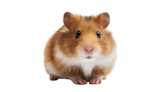 Fluffy golden hamster sitting, looking directly forward with tiny pink nose
