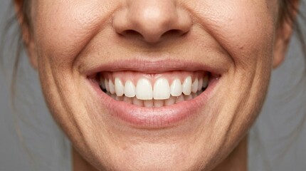 Fototapeta premium Dental, smile or woman in studio with mouth, closeup or tooth wellness in orthodontics. Happiness, veneers and person on white background with hygiene, teeth whitening and dentistry in oral health.