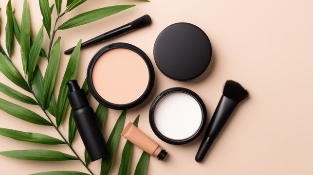 A flat lay of various makeup products arranged on a pastel background with green leaves