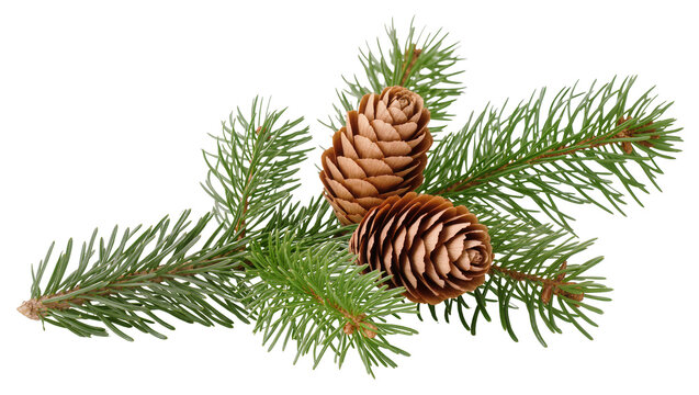 Evergreen branch displaying vibrant green needles, adorned with three brown pine cones