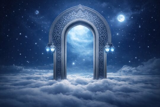 Mystical gateway amidst celestial clouds.