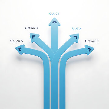 Five directional blue arrows branching out with option text labels for strategy planning.