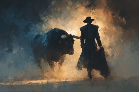 Matador and bull in smoky arena with dramatic lighting and intense cultural scene