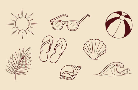 &ldquo;Hand Drawn Summer Beach Icons Set &ndash; Sunglasses, Flip Flops, Shells & Waves&rdquo;