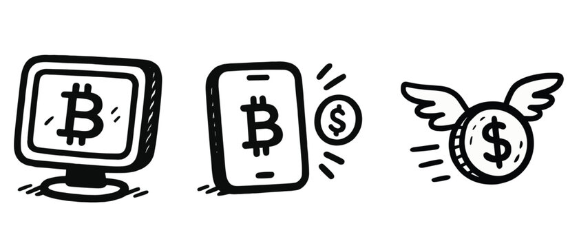 Hand Drawn Bitcoin and Flying Dollar Coin Icons