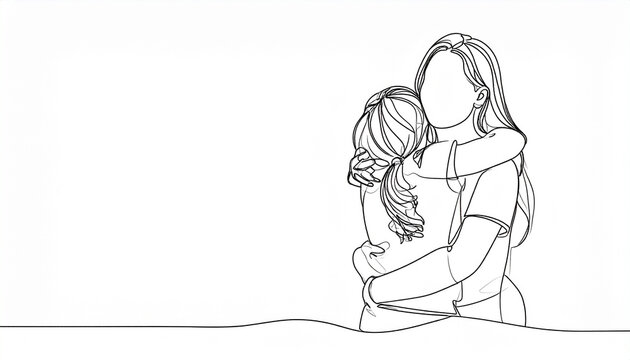ミニマルな線画で描かれた、母親と娘のイラスト　親子　