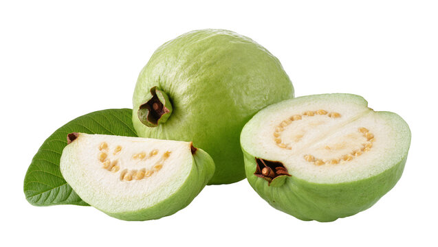 Fresh green guava fruit, displaying juicy white flesh and vibrant leaves