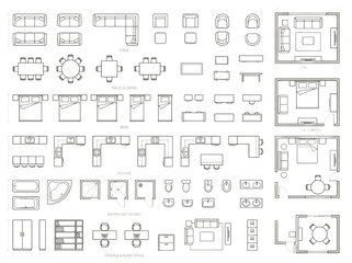 Comprehensive collection of architectural floor plan symbols for furniture and interior design layouts, illustrating various room arrangement concepts for modern living spaces © akila