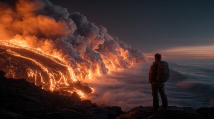 Obraz premium A man standing atop a rocky outcrop, gazing at a lava flow cascading down from a volcano. He wears a backpack.