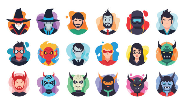 Diverse collection of character avatar icons featuring humans heroes villains monsters and fantasy creatures for gaming and social media profiles.